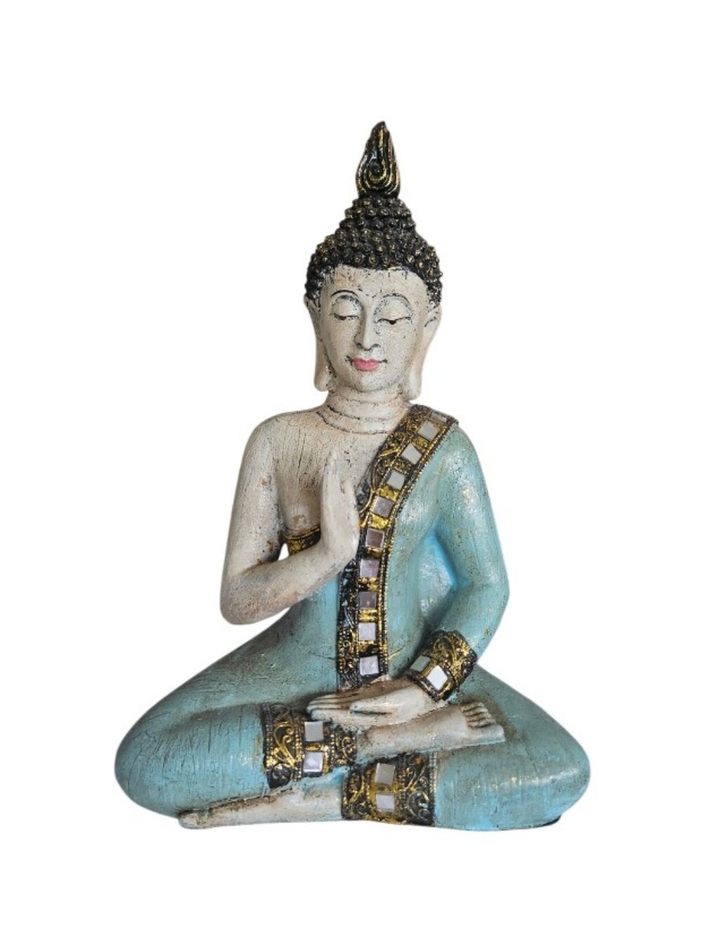 Meditating Buddha Statue in Light Blue and Ivory